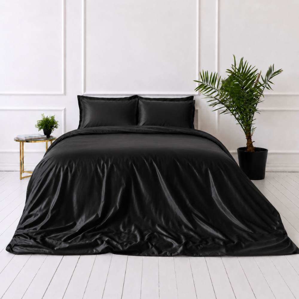 Seidenbettwäsche set "Onyx Silk". Bettwäsche einfarbig, 200x220 cm. Elegantes schwarzes seidenbettwäsche-set mit reichem glanz und glatter oberfläche. Seidenbettwäsche set "Onyx Silk". Bettwäsche einfarbig, 200x220 cm. Elegantes schwarzes seidenbettwäsche-set mit reichem glanz und glatter oberfläche.