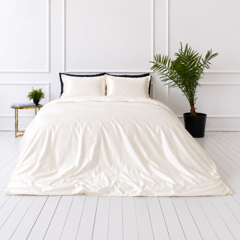 Seidenbettwäsche set "Pearl White Silk". Weiße Bettwäsche, 200x220 cm. Elegantes creme-farbenes bettwäsche-set mit seidenglanz.