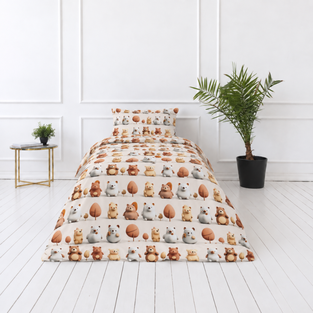 Kinderbettwäsche set "Besties". Bettwäsche 155x200, 135/140x200 cm, 150x200 cm, 155/160x200 cm. Cremefarbene bettwäsche mit bärenfiguren und braun-orangefarbenen bäumen. Kinderbettwäsche set "Besties". Bettwäsche 155x200, 135/140x200 cm, 150x200 cm, 155/160x200 cm. Cremefarbene bettwäsche mit bärenfiguren und braun-orangefarbenen bäumen.