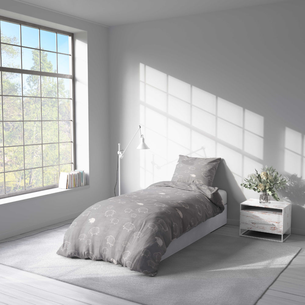 Bettwäsche set "Lunar Sheep". Bettwäsche 155x200, 135/140x200 cm, 150x200 cm, 155/160x200 cm. Hellgraue bettwäsche mit minimalistischem schafmotiv