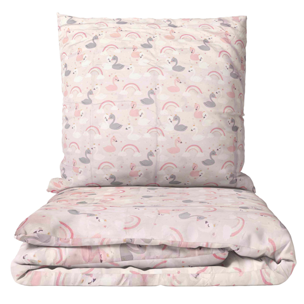 Kinderbettwäsche set "Swan Dreams". Kinderbettwäsche, 135/140x200 cm. Niedlicher schwanendesign mit bunten regenbogenelementen – die perfekte wahl für kinder.