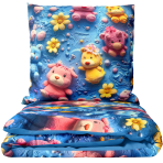 Kinderbettwäsche set "Sweet Companions". Bettwäsche 155x200, 135/140x200 cm, 150x200 cm, 155/160x200 cm. Hellblaues bettwäsche-set mit bunten teddybären und blumen.