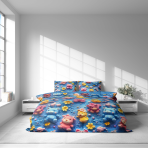 Kinderbettwäsche set "Sweet Companions". Bettwäsche 155x200, 135/140x200 cm, 150x200 cm, 155/160x200 cm. Blauer hintergrund mit gelben, rosa und blauen bären.