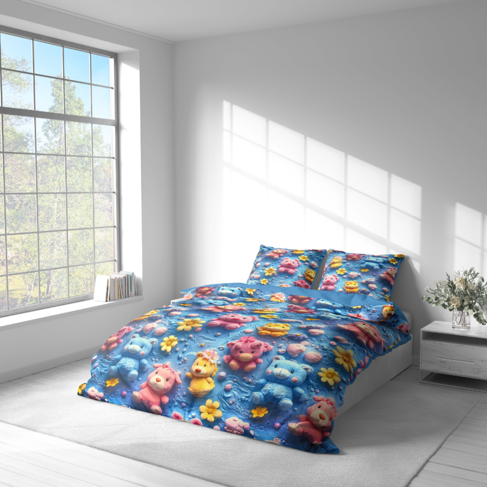 Kinderbettwäsche set "Sweet Companions". Bettwäsche 155x200, 135/140x200 cm, 150x200 cm, 155/160x200 cm. Kinderbettwäsche mit verspieltem bären- und blumenmuster.