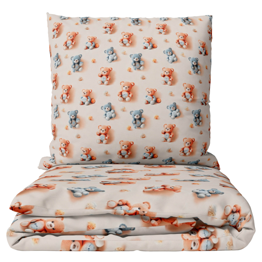 Kinderbettwäsche set "Tiny Crew". Bettwäsche 155x200, 135/140x200 cm, 150x200 cm, 155/160x200 cm. Cremefarbenes bettwäsche-set mit orangefarbenen und blaugrauen bären. Kinderbettwäsche set "Tiny Crew". Bettwäsche 155x200, 135/140x200 cm, 150x200 cm, 155/160x200 cm. Cremefarbenes bettwäsche-set mit orangefarbenen und blaugrauen bären.
