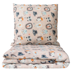 Kinderbettwäsche set "Wildlife". Kinderbettwäsche, 135/140x200 cm. Kräftige korallfarbene bettwäsche mit bezaubernden tiergesichtern: pandas, löwen, zebras, giraffen, koalas und weiße bären, die die fantasie anregen.