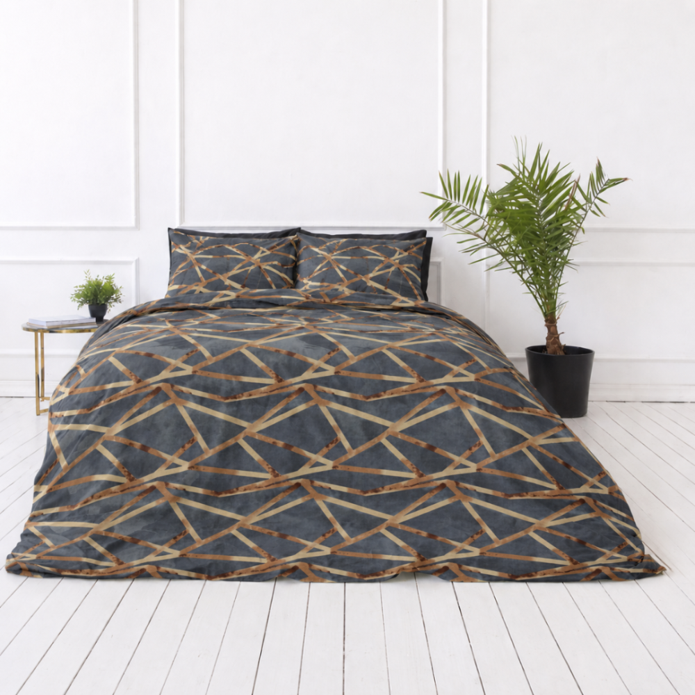 Bettwäsche set "Zafirion". Bettwäsche 155x200, 135/140x200 cm, 150x200 cm, 155/160x200 cm. Dunkle bettwäsche mit unregelmäßigem goldlinien-ornament.