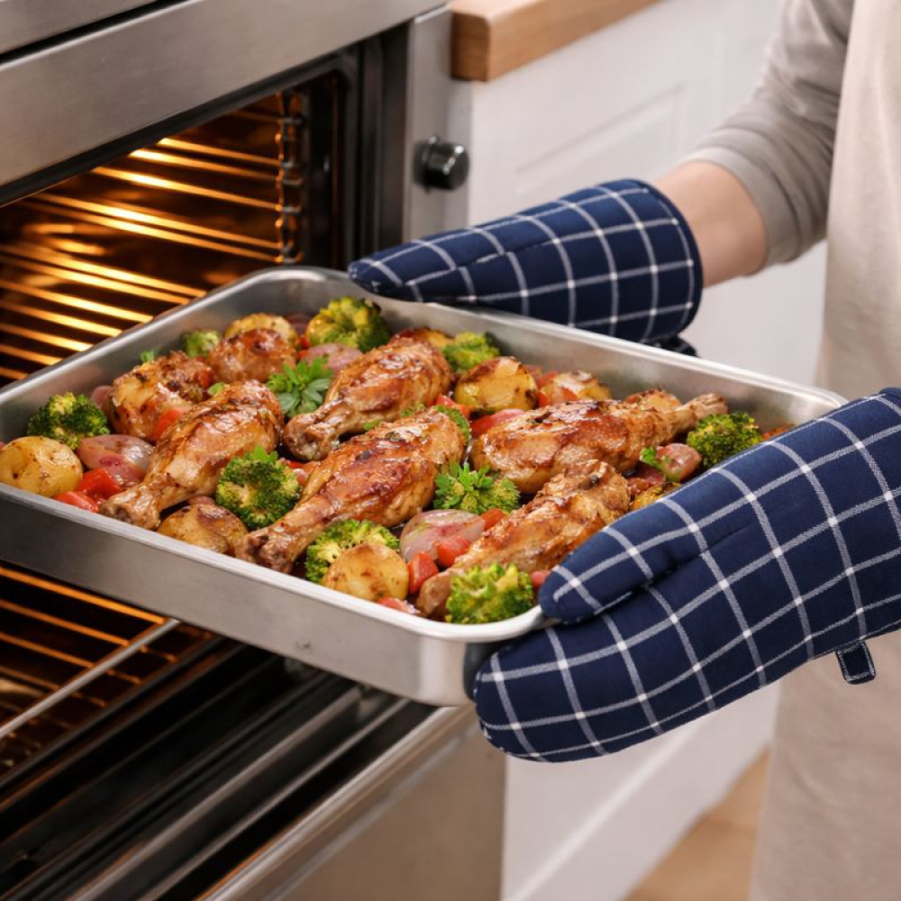 Ofenhandschuhe "Midnight Grid glove". Ofenhandschuhe. Baumwoll-ofenhandschuh mit dunkelblau-weißem karomuster