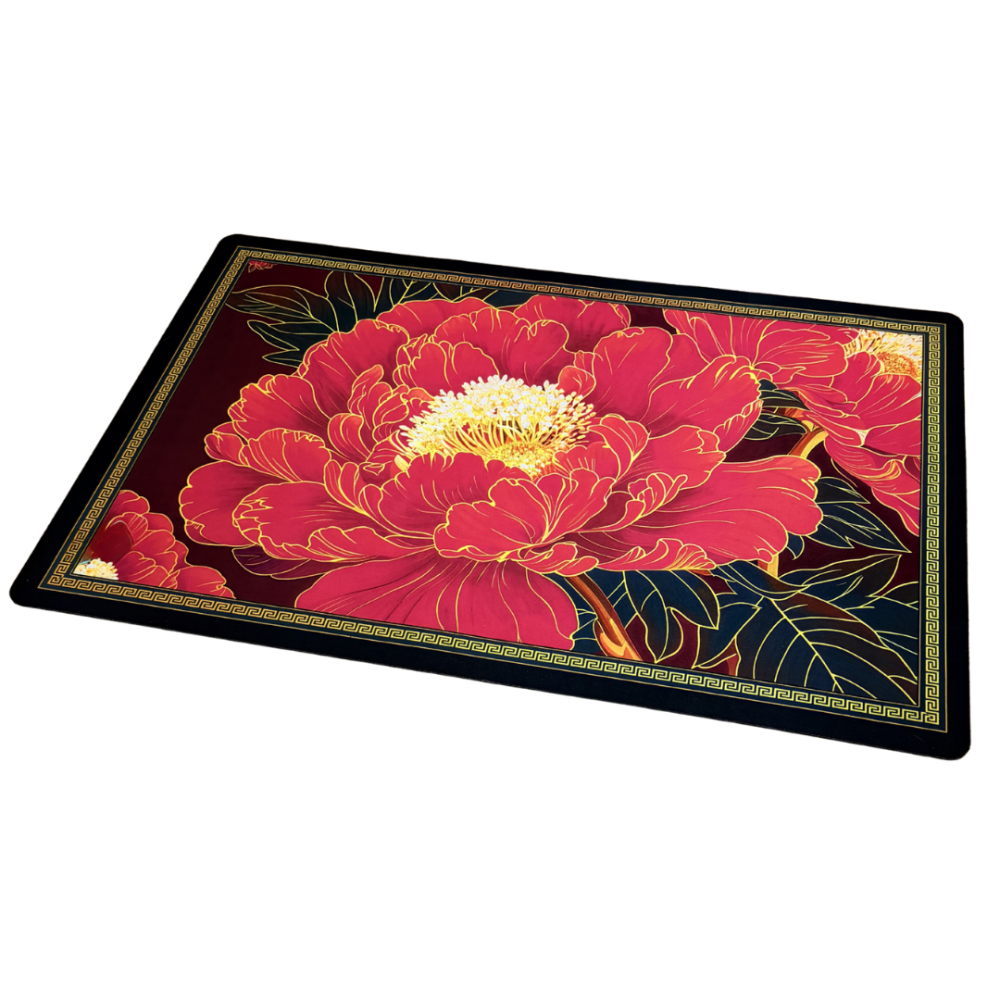 Badematte „Euphoria mat“, 58x88 cm. Schwarze badematte mit rotem blumenmotiv und goldenem ornament. Badematte „Euphoria mat“, 58x88 cm. Schwarze badematte mit rotem blumenmotiv und goldenem ornament.