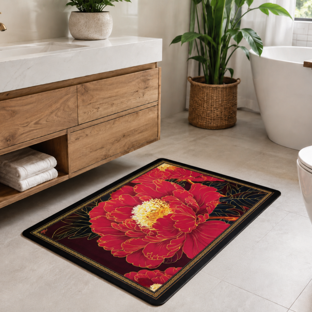 Badematte „Euphoria mat“, 58x88 cm. Rechteckige badematte mit leuchtend roten blumen und dunklem hintergrund. Badematte „Euphoria mat“, 58x88 cm. Rechteckige badematte mit leuchtend roten blumen und dunklem hintergrund.