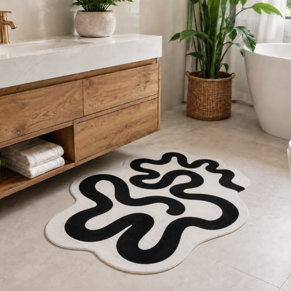Badematte „Orbit mat“, 58x88 cm. Unregelmäßig geformte badematte mit schwarz-weißem grafischem muster.