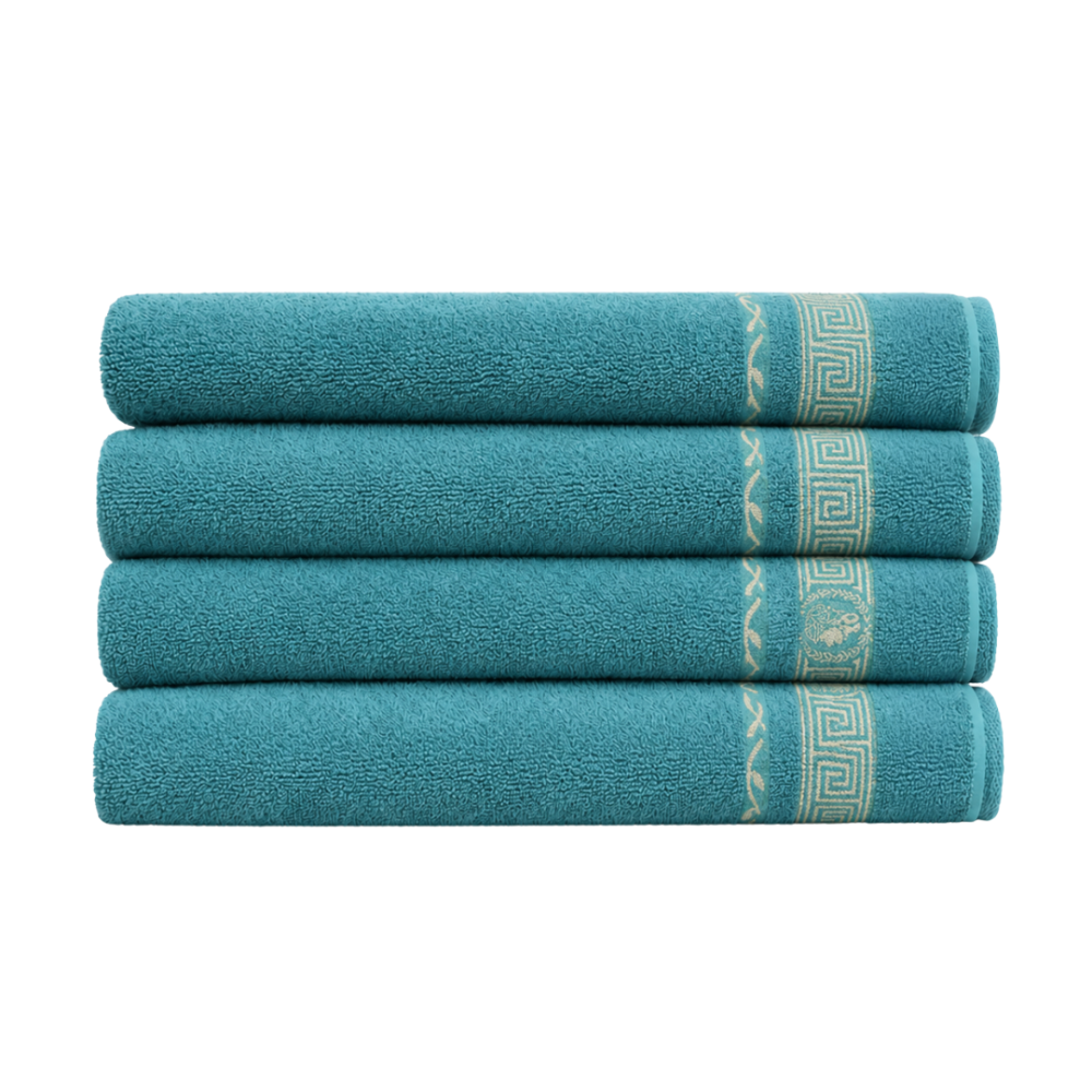 Badetuch „Seafoam olympian“, 50x100 cm, 70x140 cm. Türkisfarbenes handtuch mit goldenem ornament am oberen rand Badetuch „Seafoam olympian“, 50x100 cm, 70x140 cm. Türkisfarbenes handtuch mit goldenem ornament am oberen rand