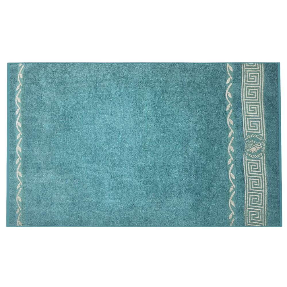 Badetuch „Seafoam olympian“. Badetücher, 70x140 cm. Leuchtend türkisfarbenes handtuch mit klassischem goldenem ornamentstreifen Badetuch „Seafoam olympian“. Badetücher, 70x140 cm. Leuchtend türkisfarbenes handtuch mit klassischem goldenem ornamentstreifen